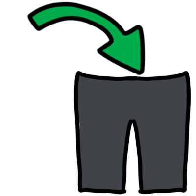 a green curved arrow pointing to a dark grey pair of trousers or pants.